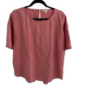 Eileen Fisher Pure Organic Linen Short Sleeve Button Back Top Light Red Medium